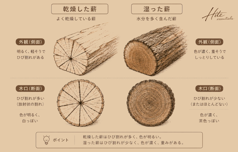乾燥した薪と湿った薪
