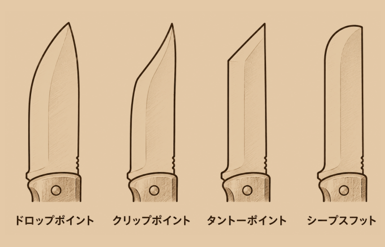ドロップポイント・クリップポイント・タントーポイント・シープスフットの刃先シルエット