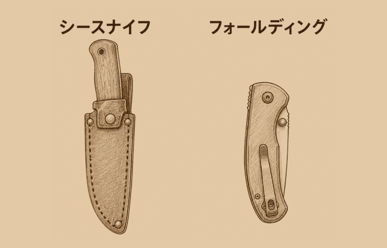 シースナイフとフォールディングナイフの携帯スタイル(収納時の見た目)