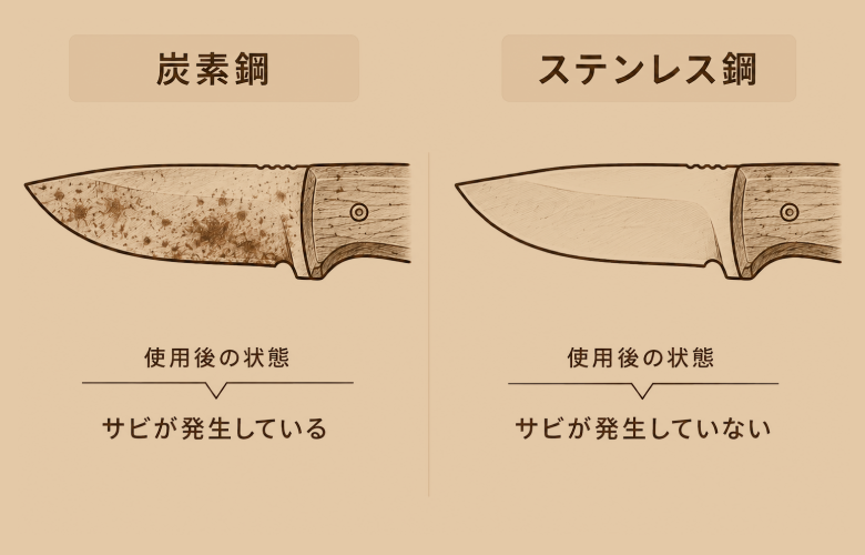 炭素鋼とステンレス鋼の使用後の状態(サビの有無)
