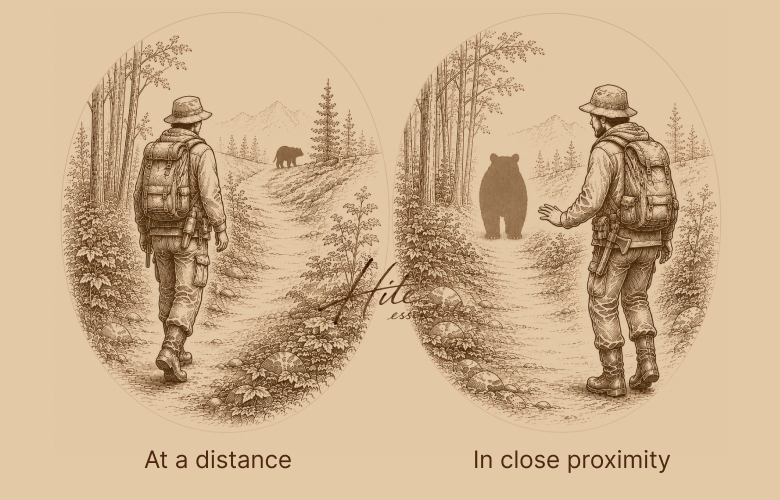 At a distance(クマが遠くにいる場合)/In close proximity(近くにいる場合)のイメージ
